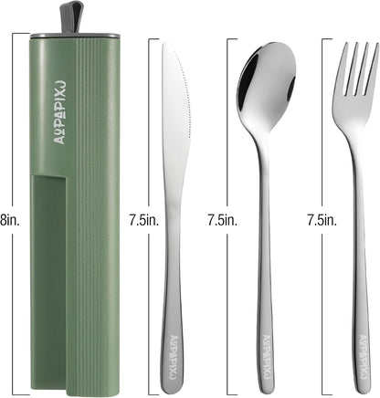 18/8 Stainless Steel Reusable Portable Utensils Set with Case & Phone Stand - Travel Flatware Kit for Office, Camping, Picnic, Outdoor Activities