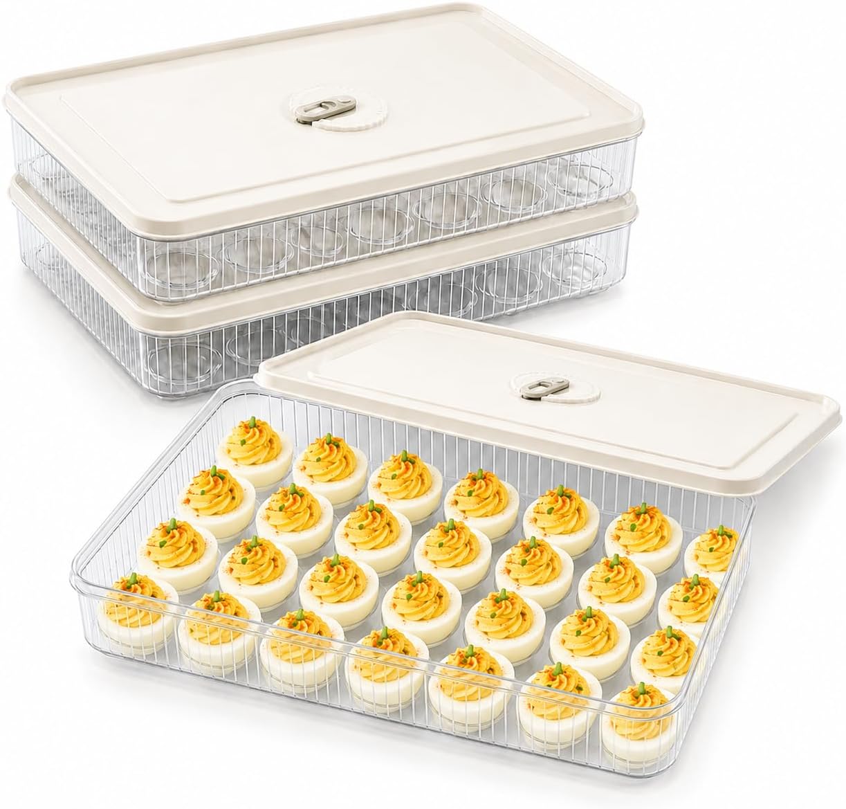 3Tier Deviled Egg Containers with Lid,Plastic Egg Container for Refrigerator with Handle,Deviled Egg Carrier for 72 Eggs,Kitchen,Festival Party, Stackable Egg Holder for Fridge (White)