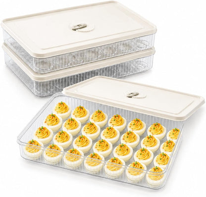 3Tier Deviled Egg Containers with Lid,Plastic Egg Container for Refrigerator with Handle,Deviled Egg Carrier for 72 Eggs,Kitchen,Festival Party, Stackable Egg Holder for Fridge (White)