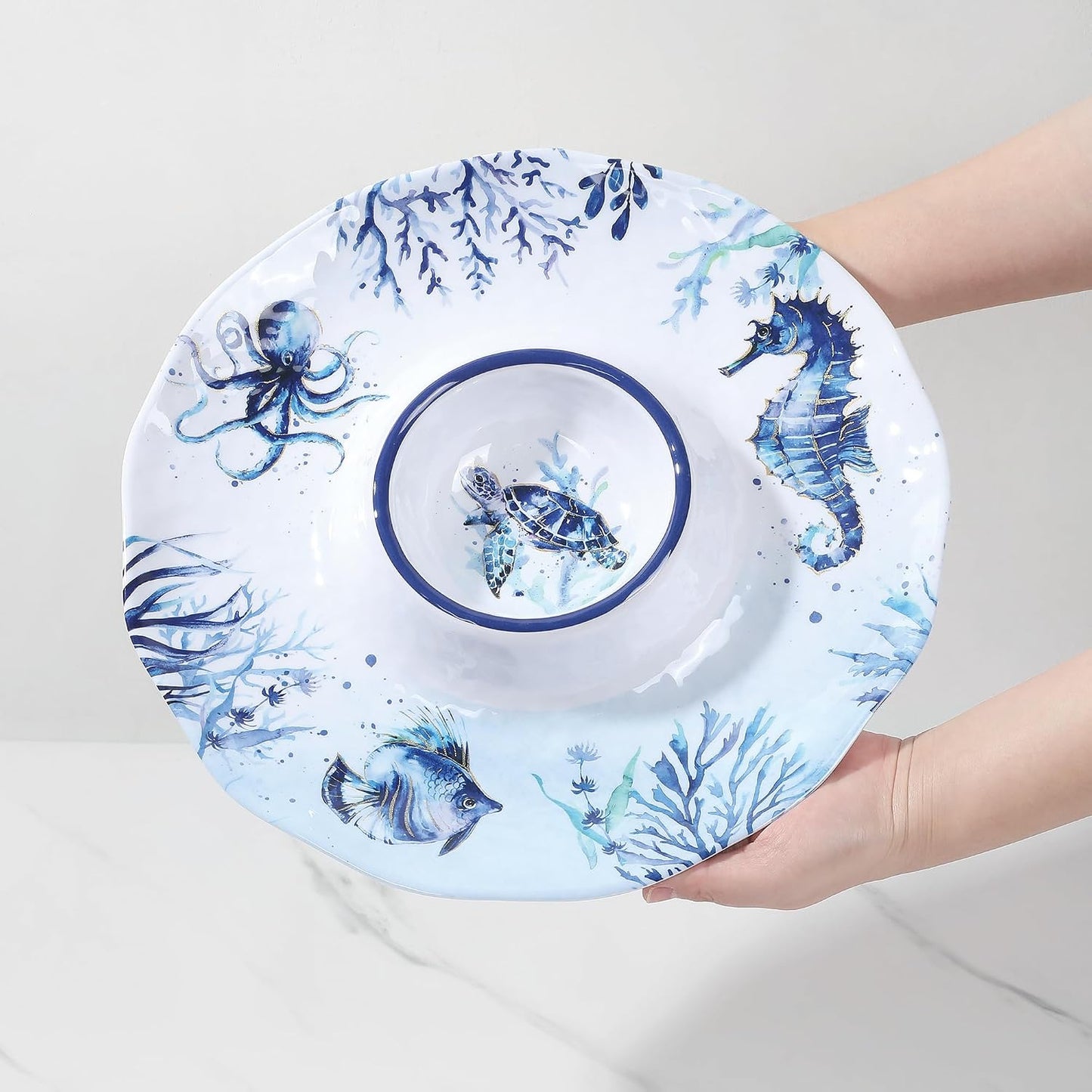 UP Sea Life Melamine Chip and Dip Serving Tray, Round Serving Platter for Chips, Salsa, Fruit, and Snacks, Multicolor, 13.5 Inch