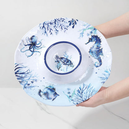 UP Sea Life Melamine Chip and Dip Serving Tray, Round Serving Platter for Chips, Salsa, Fruit, and Snacks, Multicolor, 13.5 Inch