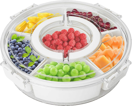 Snackle Box Container, 360° Rotating Divided Serving Tray with Lid and Handle, Portable Snackle Box Veggie Tray, Round Snack Box Container, Large Snacklebox Fruit Candy Organizer for Party Picnic