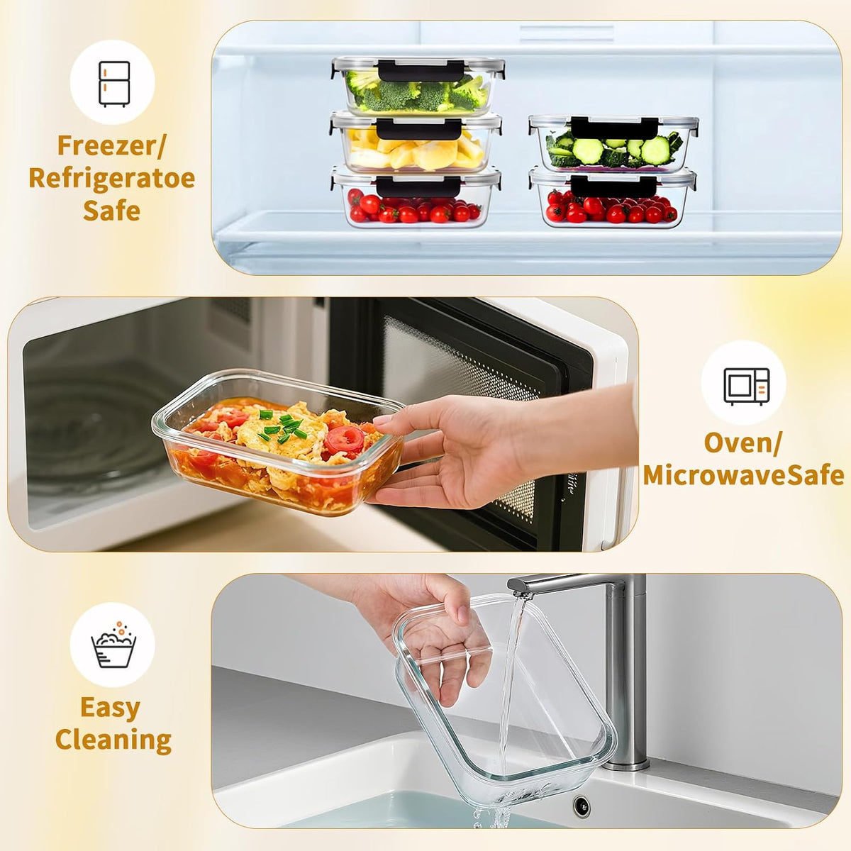 6 Pack Glass Food Storage Containers with Lids, 36 OZ Meal Prep Containers for Lunch, 4.5 Cup Airtight Glass Lunch Containers Set, Microwave, Oven, Freezer & Dishwasher Safe, BPA-Free