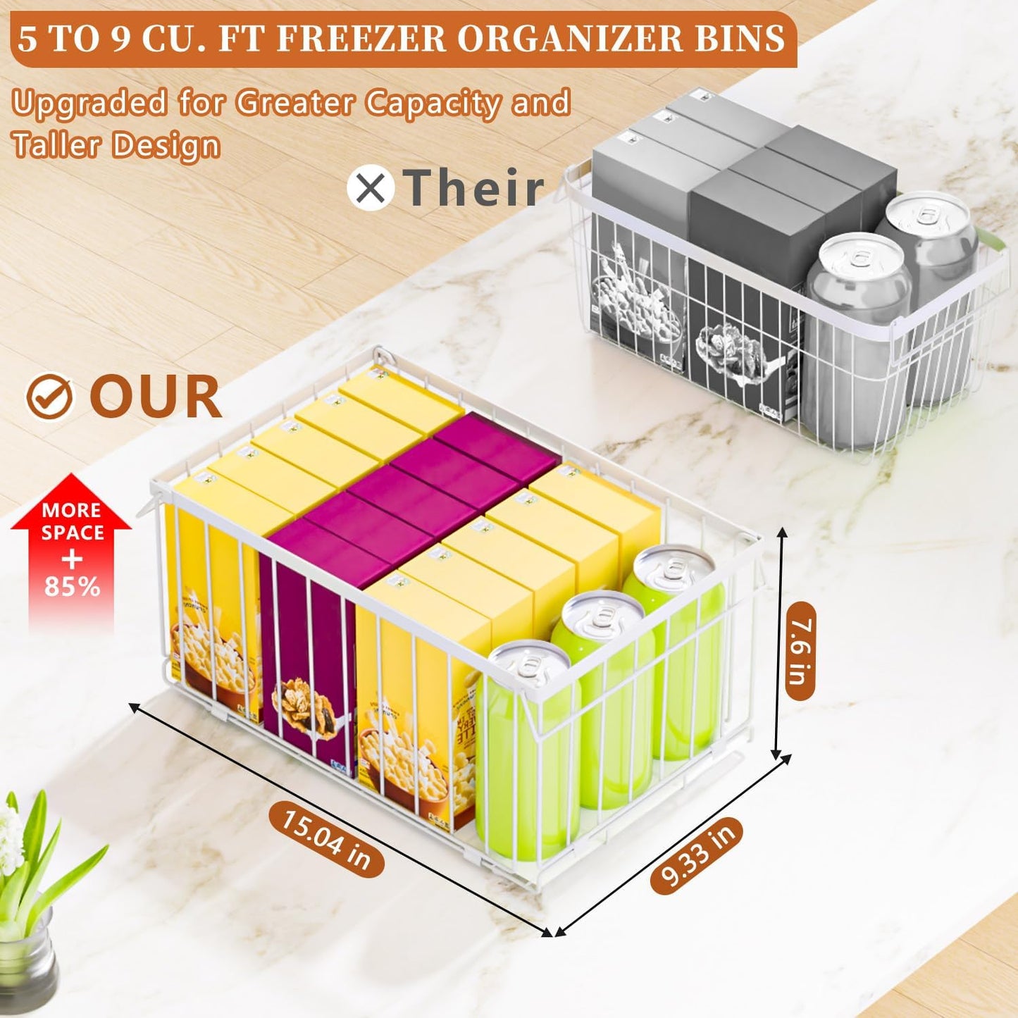 Large Freezer Organizer Bins, Upgrade Quick Expand/Collapse Feature, for 5-9 Cu.Ft Deep Freezer, 3 Pack Stackable Deep Freezer Organizer Bins, Black Wire Foldable Baskets (Black 3 Pack)