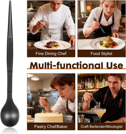 Tasting Spoon with Tweezer, 2 in 1 Stainless Steel Chef Spoon Serving Tongs, Professional Chef Tool for Cooking Plating Buffet Banquet Barbecue Grilling Appetizer, Multi