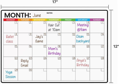 Fridge Calendar Acrylic 17x12”, Start Monday | Magnetic Calendar for Refrigerator | Acrylic Dry Erase Whiteboard Calendar for Fridge | Family Schedule Board with 5 Markers & Eraser by Freedom Mastery