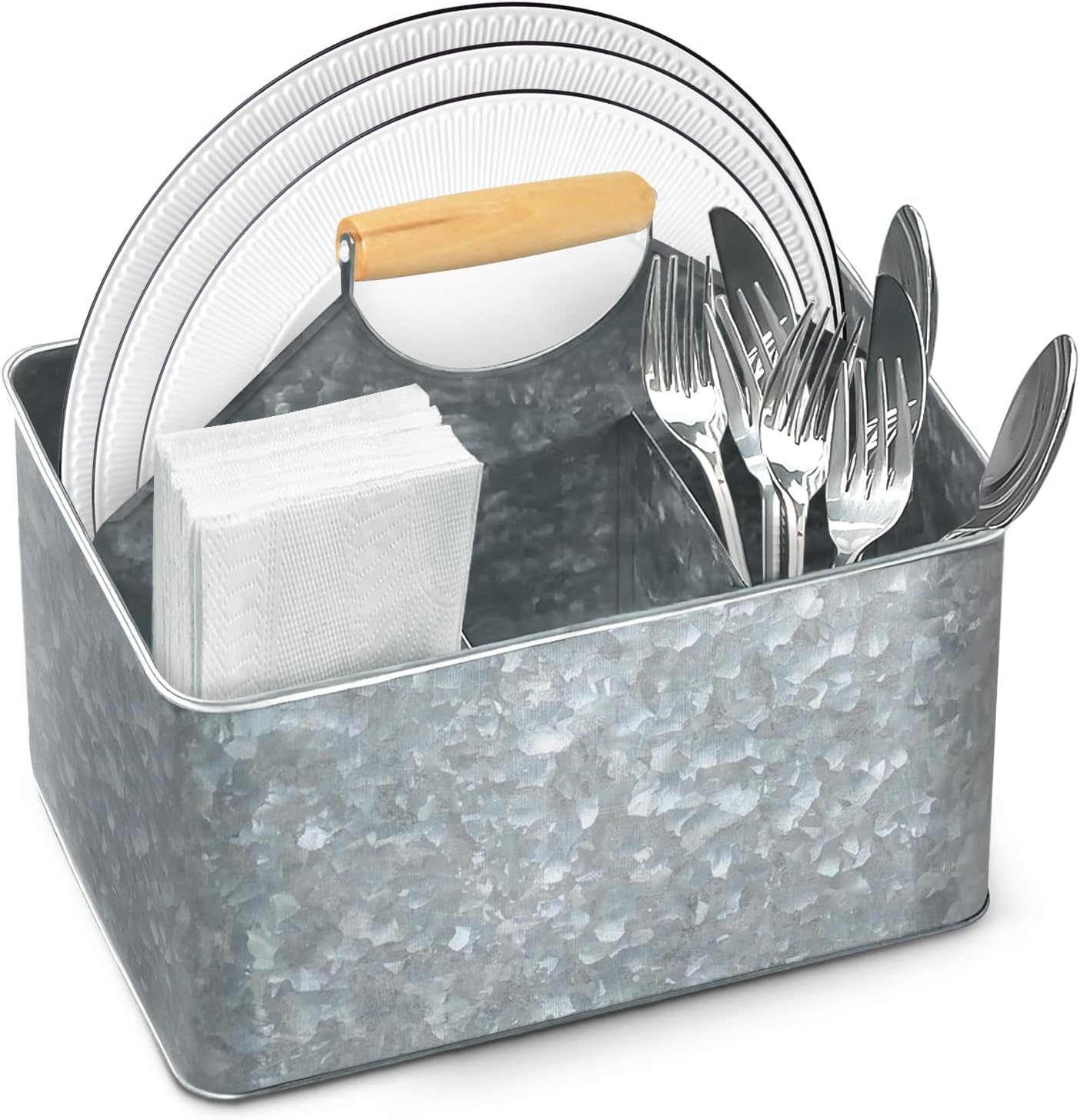 Plexon Metal Utensil Caddy With Handle - Farmhouse Rustic Kitchen Utensil Holder for Party Picnic Table Garden - Tool Cutlery Flatware Silverware Caddy Organizer Storage, Red