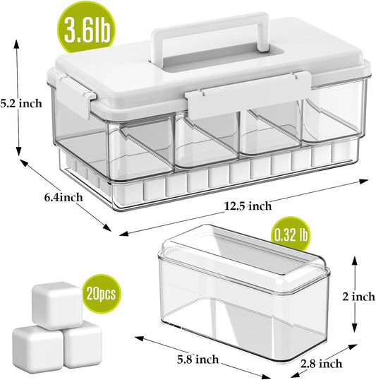 Palksky Snackle Box Container with Ice Pack, Travel Snack Container with Handle, Chilled Portable Divided Serving Tray with Lid, 4 Compartment Snack Box for Fruits,Veggies,Snacks,Keep Food Cold