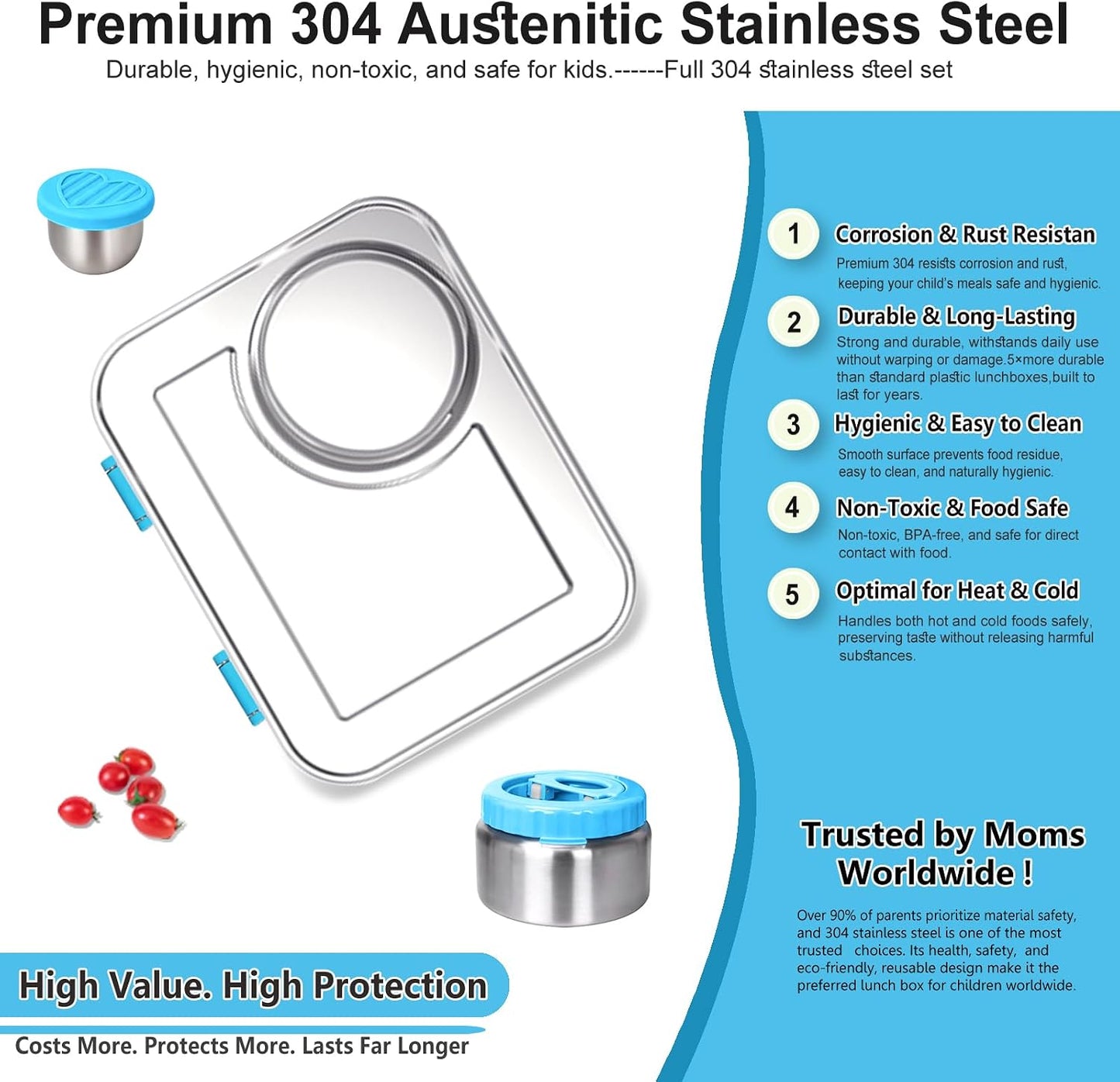 Stainless Steel Bento Lunch Box：7+ Older Kids，Teens ＆ Adult with Insulated Food Jar,Leakproof 3-Compartment,BPA-Free, Eco-Friendly,Dishwasher Safe, Large-Capacity Box, School,Office,Travel （Blue)