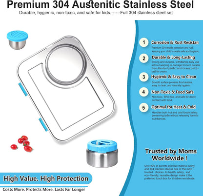 Stainless Steel Bento Lunch Box：7+ Older Kids，Teens ＆ Adult with Insulated Food Jar,Leakproof 3-Compartment,BPA-Free, Eco-Friendly,Dishwasher Safe, Large-Capacity Box, School,Office,Travel （Blue)