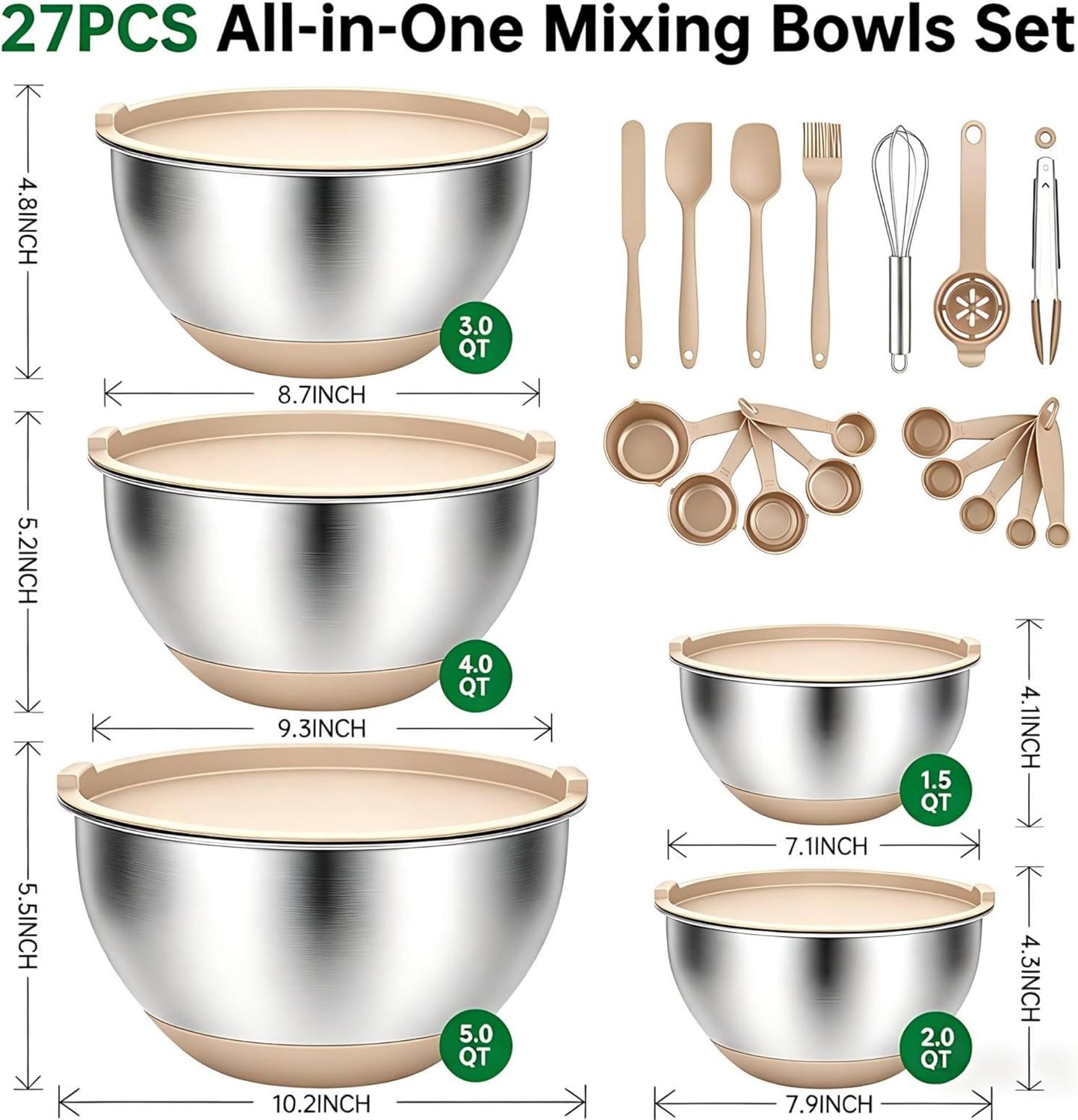 Deedro Premium Mixing Bowls with Airtight Lids Set, 22Pcs Thicker Stainless Steel Mixing Bowl Set, Large Prep Metal Bowls, Non-Slip Silicone Base Nesting Bowls for Kitchen, 1.5/2/3/4/5 QT, Black