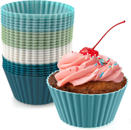 24 Pack Silicone Baking Cups Round Reusable Nonstick Cupcake Liners Food Grade BPA Free Multicolor Mini Cake Molds for Muffins and Bento Box Accessories Standard Size Baking Cup Liners
