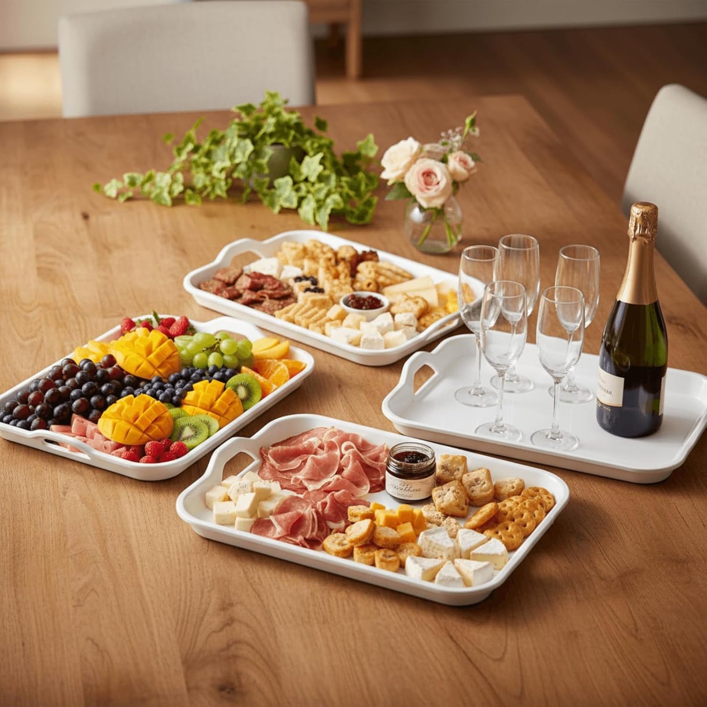 YOUEON 3 Pack White Large Melamine Serving Tray with Handles, 17"x 12" Rectangular Serving Platter Set, Food Serving Trays for Party, Entertaining, Appetizer, Buffet