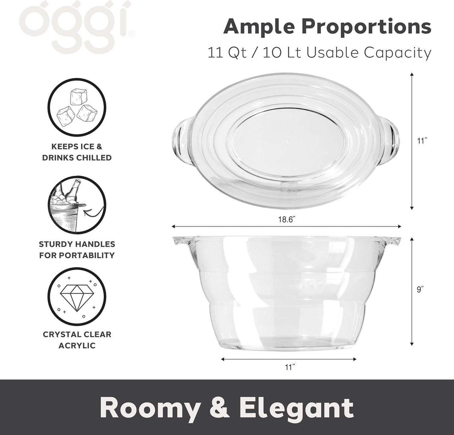 OGGI Acrylic Oval Party Tub - Clear Beverage Cooler w/Handles, Wine Cooler, Beer Chiller, Ideal Party Tubs for Drinks, Use Ice Tub for Indoor or Outdoor Bars, 18.5" x 11"