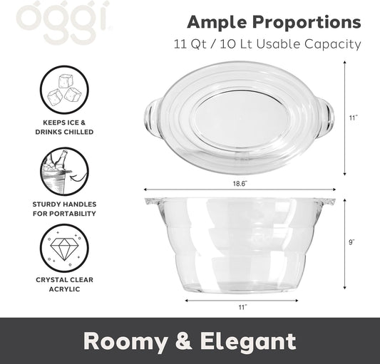 OGGI Acrylic Oval Party Tub - Clear Beverage Cooler w/Handles, Wine Cooler, Beer Chiller, Ideal Party Tubs for Drinks, Use Ice Tub for Indoor or Outdoor Bars, 18.5" x 11"