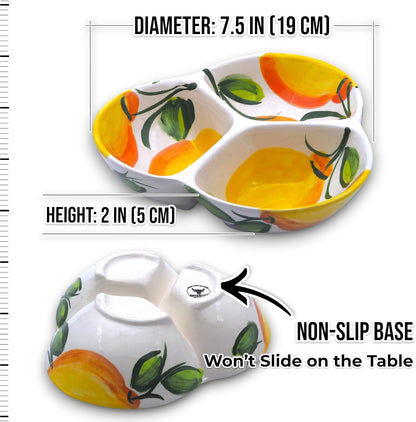 Ceramic Chip & Dip Bowl 7.5”, 3-Compartment Divided Serving Dish & Condiment Tray for Appetizers – Handmade in Spain, Lead-Free Glaze, Microwave, Oven & Dishwasher Safe