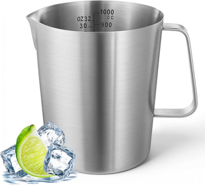 2L 18/8 Stainless Steel Measuring Cup with Handle and Pour Lip, 304 stainless pitcher with marking with handle, 68OZ/2 Liter- 8 Cup, Heavy-Duty Pitcher