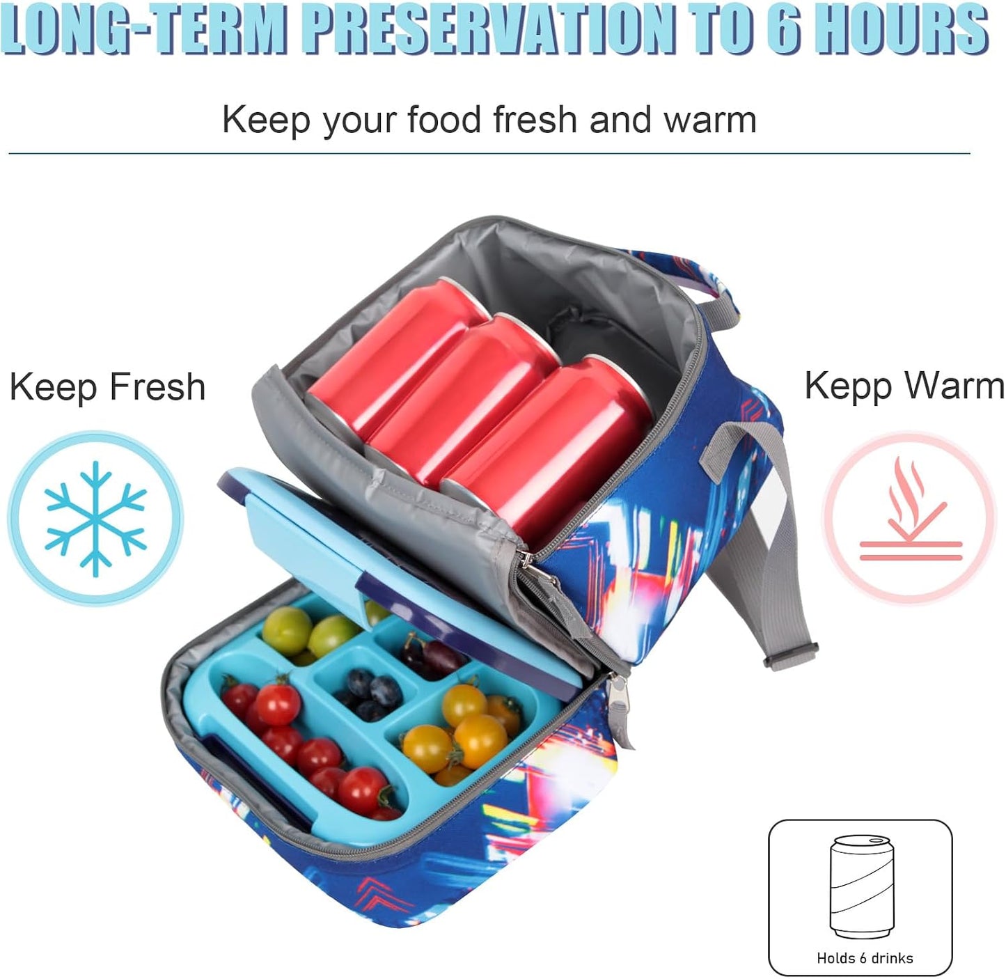 Tilami Lunch Bags Insulated Adjustable Strap Zipper, Two Compartments Cooler Bags, Bento Bags for Kids Toddlers (Blue)