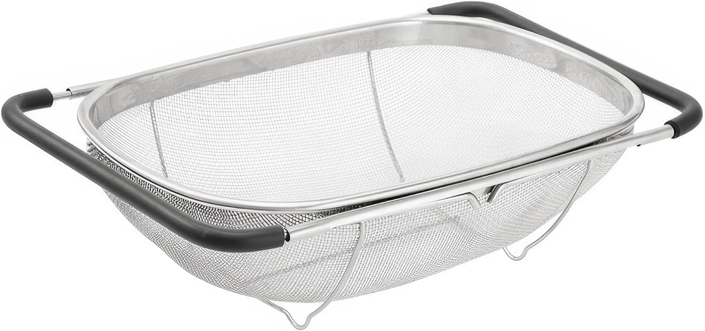 Expandable Strainer Over The Sink Colander - Premium 6 Quart Oval Fine Mesh Stainless Steel Colander Over the Sink with Rubber Grip Handles - Large Sink Strainer Basket for Kitchen Sink