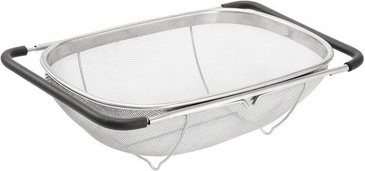 Expandable Strainer Over The Sink Colander - Premium 6 Quart Oval Fine Mesh Stainless Steel Colander Over the Sink with Rubber Grip Handles - Large Sink Strainer Basket for Kitchen Sink