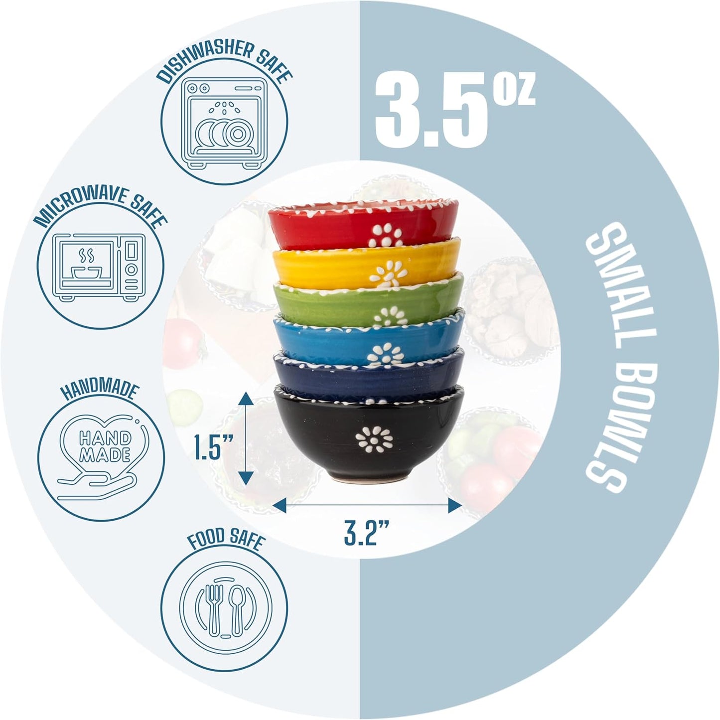 Ceramic Small Dipping Bowls Set of 6, 3.5 Oz Soy Sauce Dish, Handmade Charcuterie, Colorful Pinch, Dishwasher & Microwave Safe, 3.2'' Mini (SULTAN'S GARDEN)