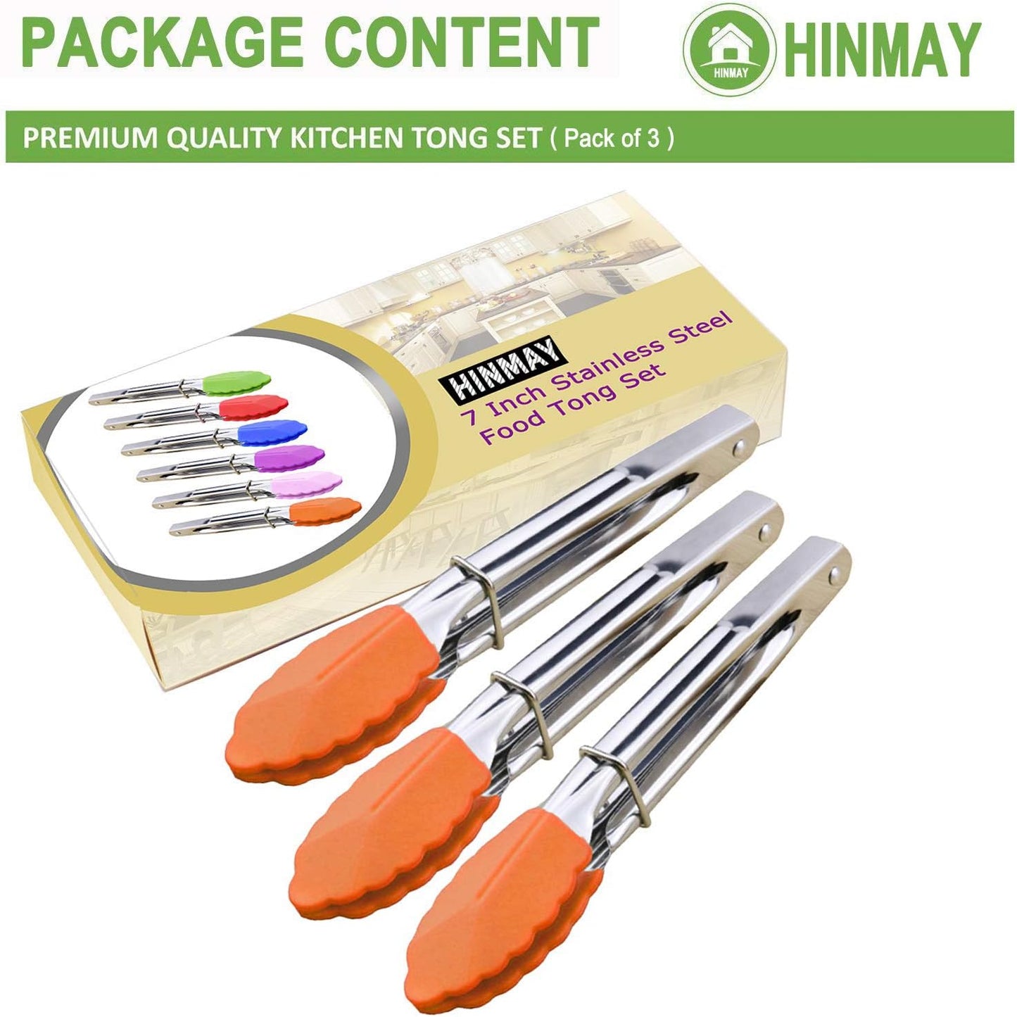 HINMAY Mini Stainless Steel Food Tongs with Silding Rings 7-Inch, Set of 6 | Small Clam Shell Service Tongs for Serving Appetizers, Desserts, Salads, Barbecue and Cooking (Silver)