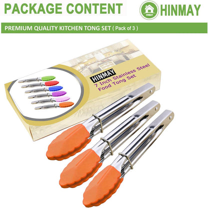 HINMAY Mini Stainless Steel Food Tongs with Silding Rings 7-Inch, Set of 6 | Small Clam Shell Service Tongs for Serving Appetizers, Desserts, Salads, Barbecue and Cooking (Silver)