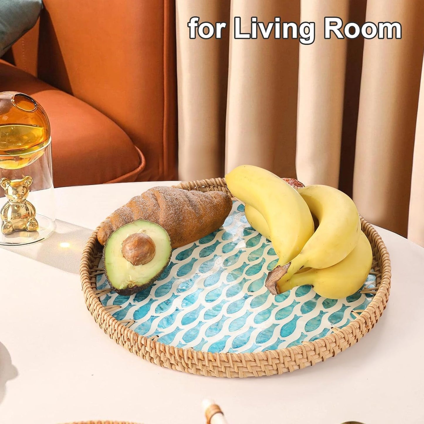 Round Rattan Tray with Mother of Pearl Inlay, Rattan Serving Tray for Coffee, Bread, Fruits, Decorative Wicker Tray for Table Decor, Home Decor, Kitchen Island Decor(Black Checkerboard, 11.8")