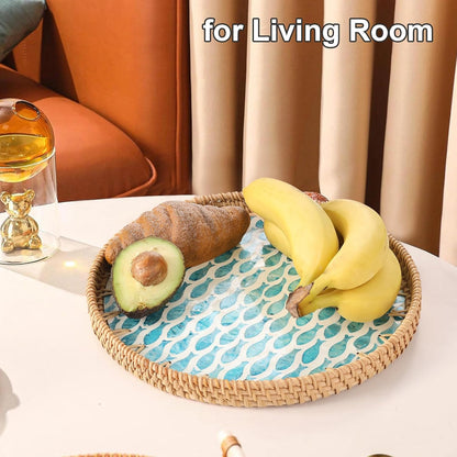 Round Rattan Tray with Mother of Pearl Inlay, Rattan Serving Tray for Coffee, Bread, Fruits, Decorative Wicker Tray for Table Decor, Home Decor, Kitchen Island Decor(Black Checkerboard, 11.8")