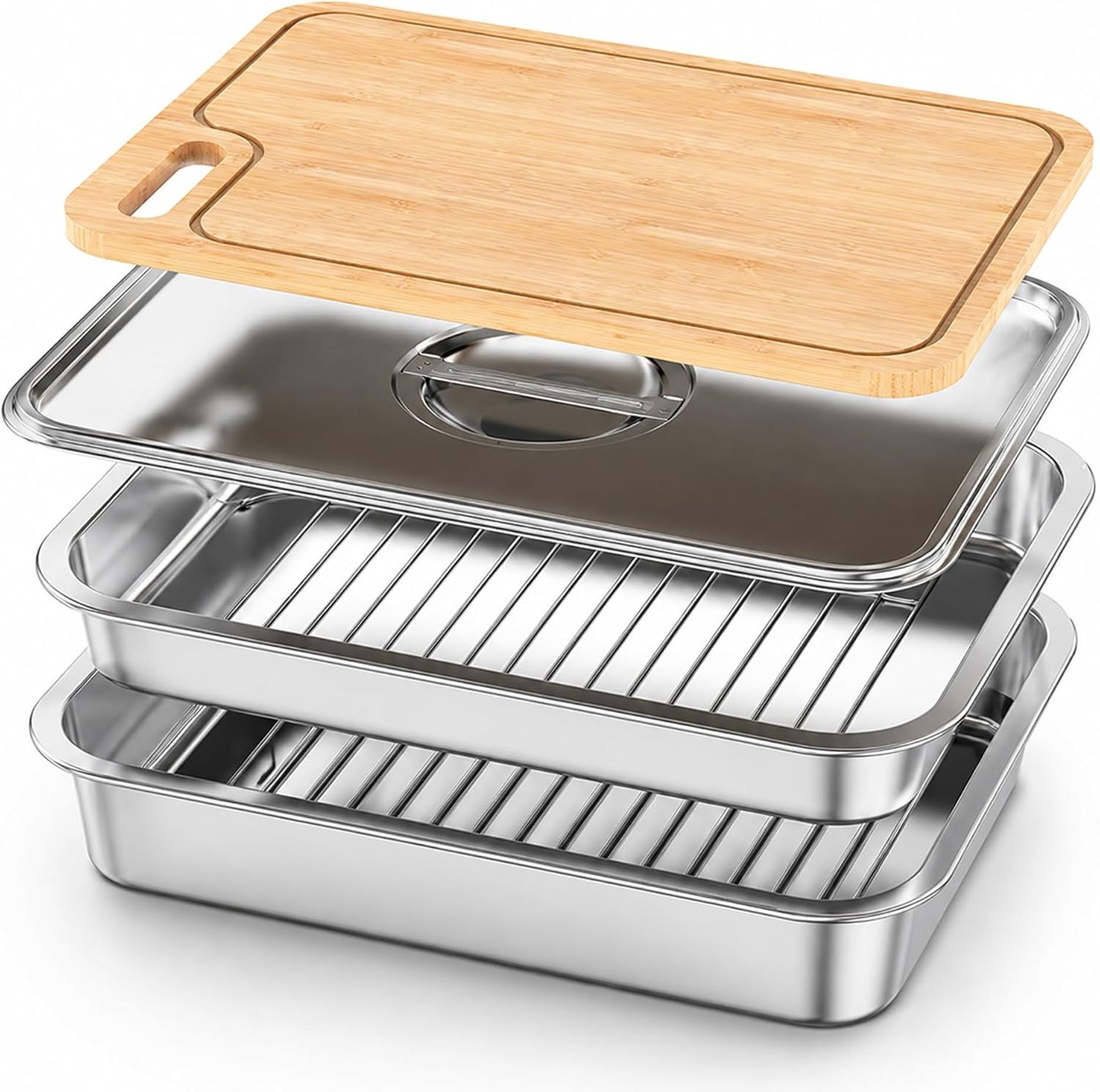Grill Prep Trays & Serve Set, Stainless Steel BBQ Grill Carrying System with Deep Tray, Shallow Tray, Lid & Cutting Board, Large Capacity Marinating Tray, Portable Grill Container for Outdoor Cooking