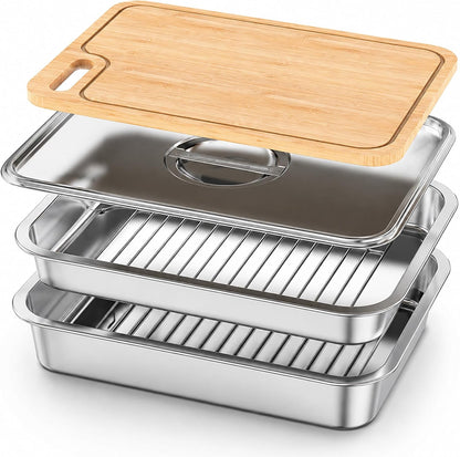 Grill Prep Trays & Serve Set, Stainless Steel BBQ Grill Carrying System with Deep Tray, Shallow Tray, Lid & Cutting Board, Large Capacity Marinating Tray, Portable Grill Container for Outdoor Cooking