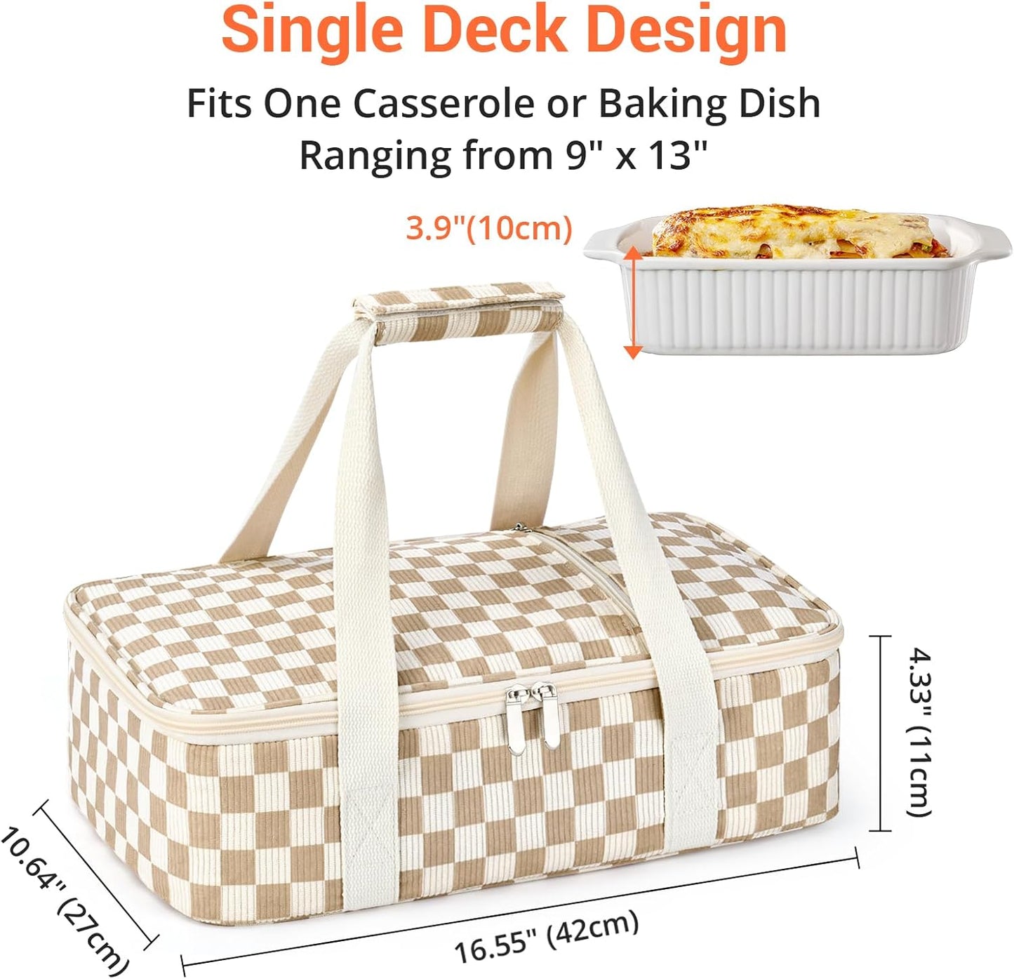 Insulated Casserole Carrier for Hot or Cold Food,Pie Carrier Bag Lunch Tote for Potluck Parties/Picnic/Cookouts, Fits 9"x13" Baking Dish,Grey