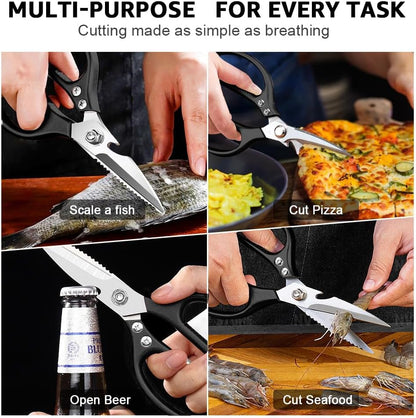 ONEBOM Kitchen Shears 2 Pack,Multi-Function Kitchen Scissors Heavy Duty Sharp 304 Stainless Steel, Apartment Kitchen Accessories Cooking Shears for Chicken,Meat,Fish,Poultry(Sliver)