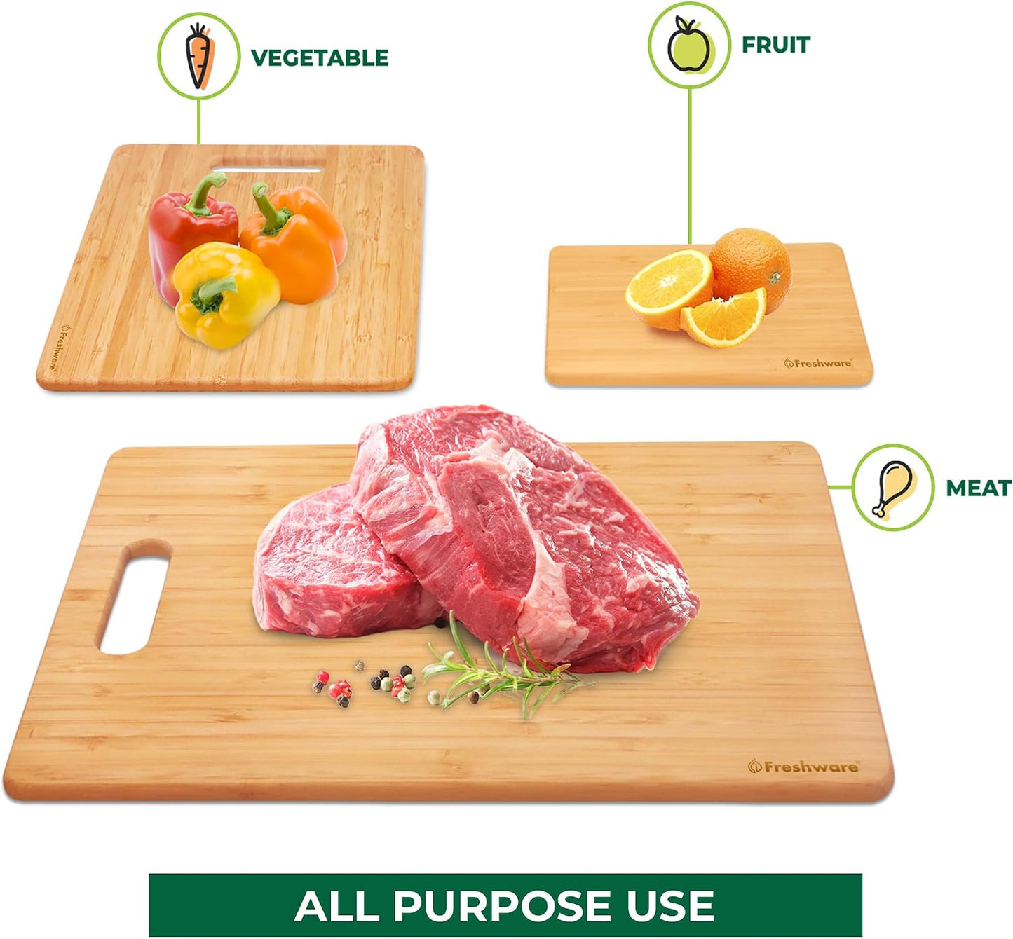 Freshware Wood Cutting Boards for Kitchen - Bamboo Cutting Board Set of 3, Cutting Boards with Juice Grooves, Serving Board Set, Chopping Board for Meat, Veggie, Easy Grip Handle (9x6", 12x8", 15x10")