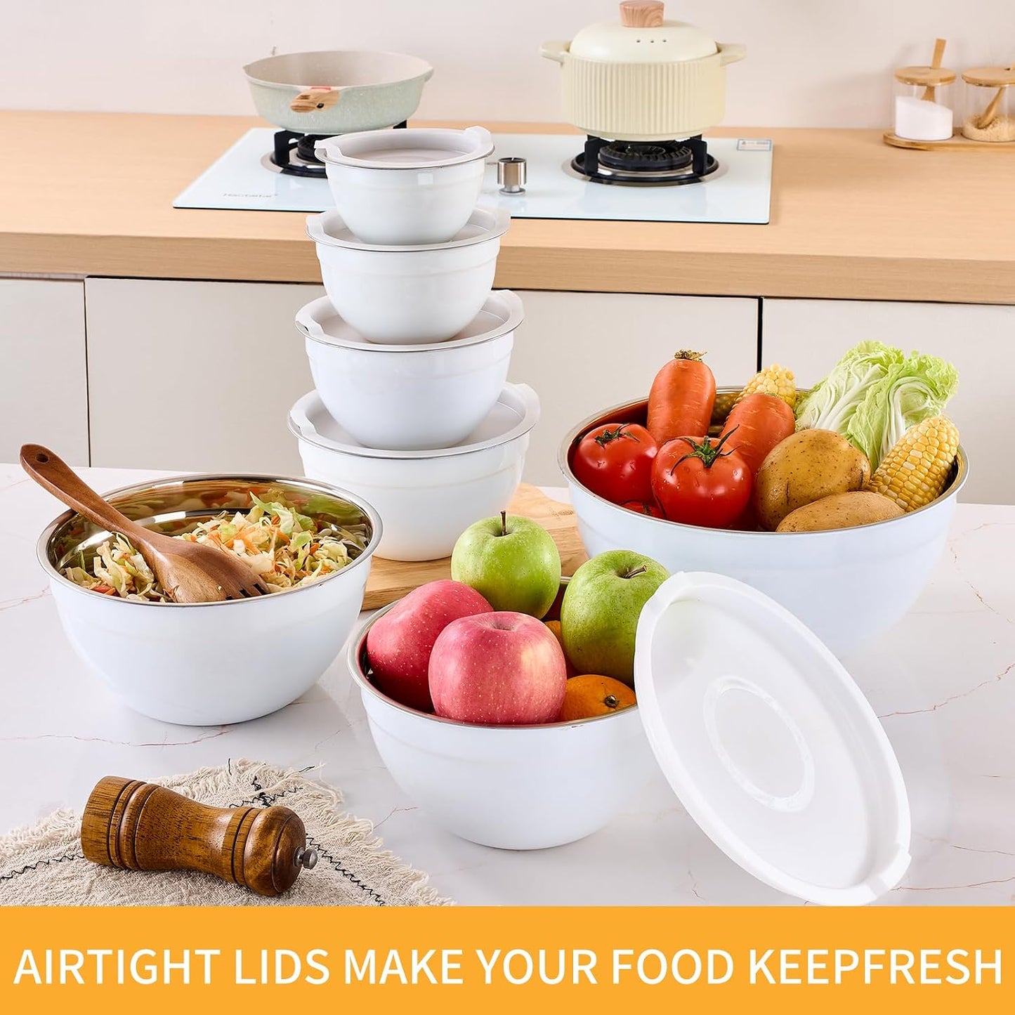 Pink Mixing Bowls with Airtight Lids, Stainless Steel Nesting Mixing Bowls Set of 7, Ideal for Baking, Prepping and Serving Food, Size 7, 3.6, 2.7, 2.1, 1.5, 1.1,0.8 QT, Stackable Design