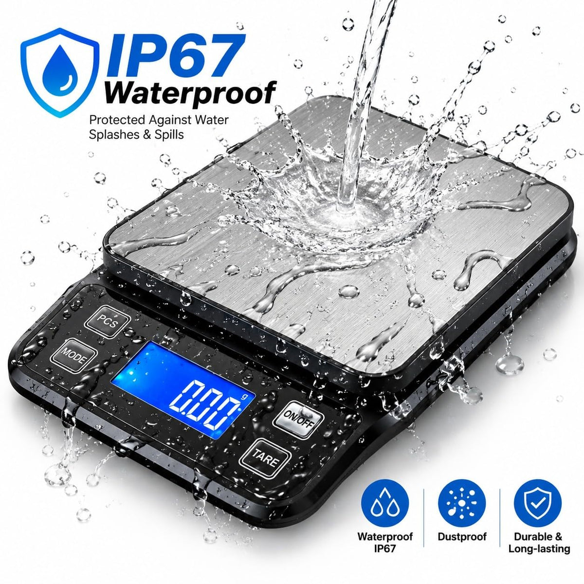 Waterproof Digital Kitchen Scale 0.1g/0.001oz Precision, Stainless Steel Electronic Scale with 3 Power Options (Rechargeable/AAA/Built-in), 10 Units Conversion, Smart Standby, 5kg/11lb Capacity