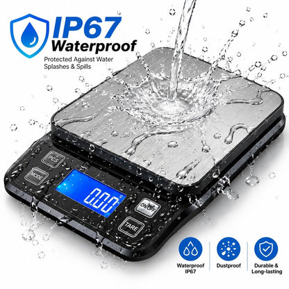 Waterproof Digital Kitchen Scale 0.1g/0.001oz Precision, Stainless Steel Electronic Scale with 3 Power Options (Rechargeable/AAA/Built-in), 10 Units Conversion, Smart Standby, 5kg/11lb Capacity