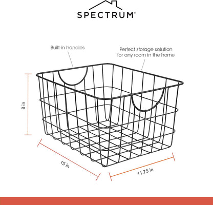Spectrum Utility Steel Wire Storage Basket for Kitchen Pantry Organization & Closet Shelves with Easy Grip Handles, Durable Metal Basket Organizer with Open Design for Easy Viewing, Industrial Gray