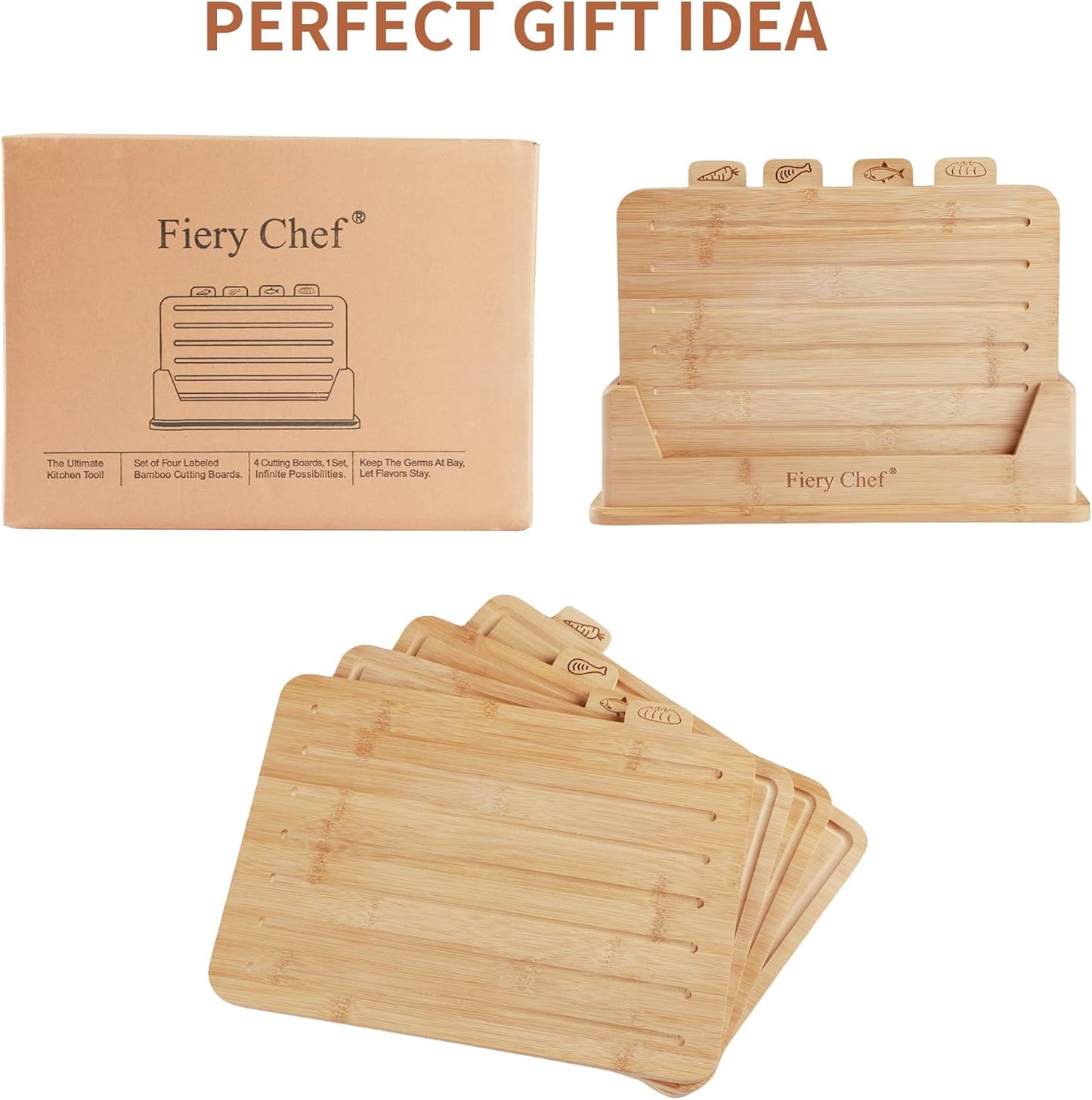 Fiery Chef 12.6"L x 9"W Bamboo Cutting Board Set of 4 - Wood Cutting Board Set with Holder, Chopping Boards Set with Food Icons, Juice Groove - Ideal for Meat, Fish, Bread, Vegetable, Fruit Chopping