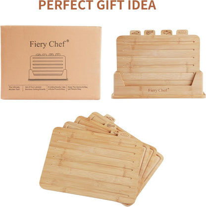 Fiery Chef 12.6"L x 9"W Bamboo Cutting Board Set of 4 - Wood Cutting Board Set with Holder, Chopping Boards Set with Food Icons, Juice Groove - Ideal for Meat, Fish, Bread, Vegetable, Fruit Chopping