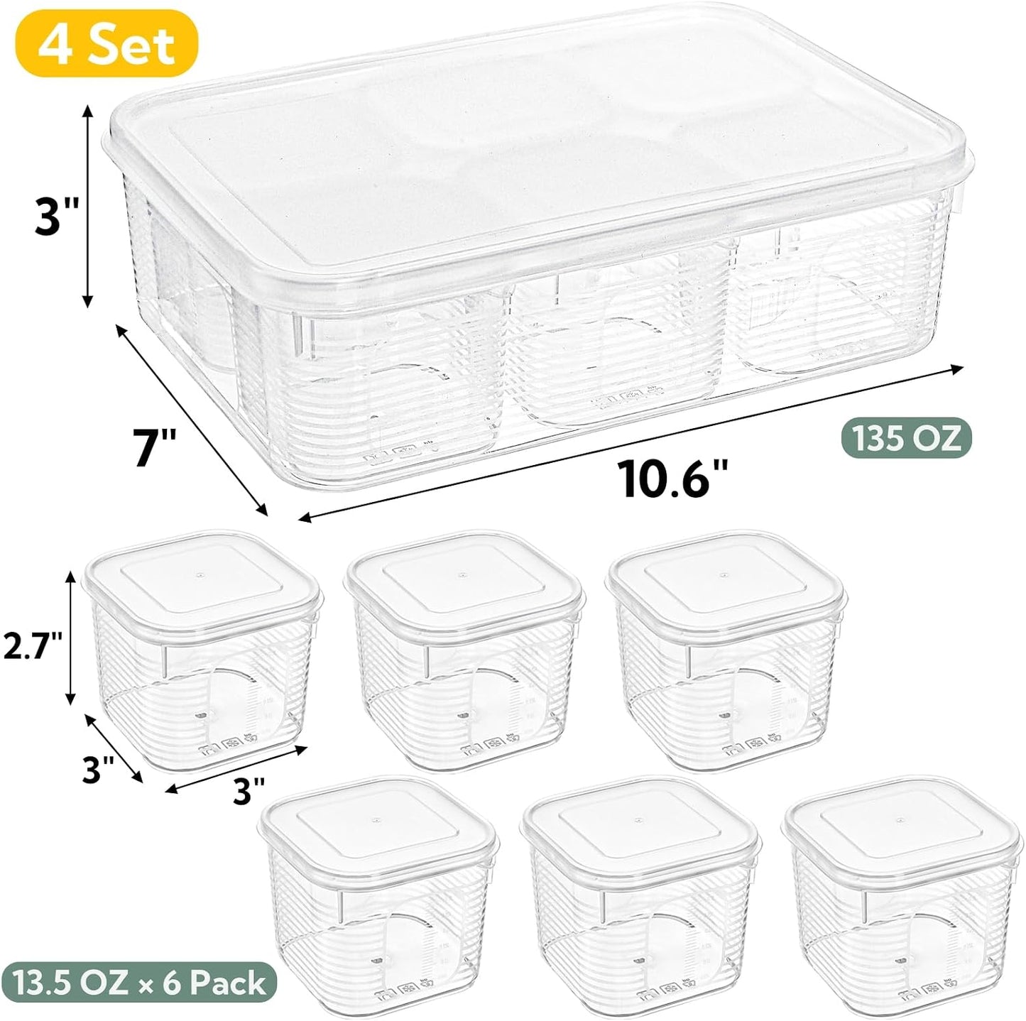 4 Pack Salad Bar Container for Fridge, Plastic Food Storage Organizer with Lid, Stackable Refrigerator Bins with 24 Individual Removal Boxes, Reusable Meal Prep Container for Fruit, Vegetable