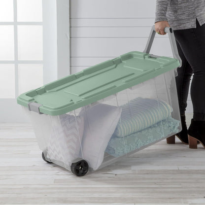 Extra Large Storage Bin, 40 Gallon Wheeled Plastic Storage Container with Handle, Green, Pack of 2 (GREEN)