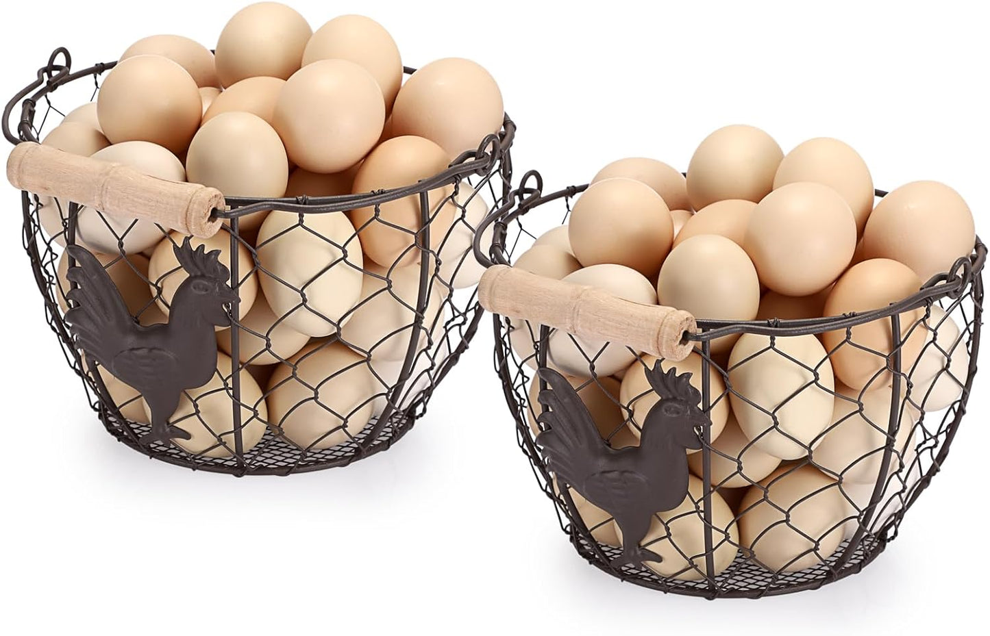 3 PCS 8’’ Farmhouse Egg Collecting Basket with Wood Handle, Rustic Metal Wire Chicken Eggs Holder Basket for Countertop Kitchen, Wire Egg Basket Vintage Style, Round, Rooster Pattern