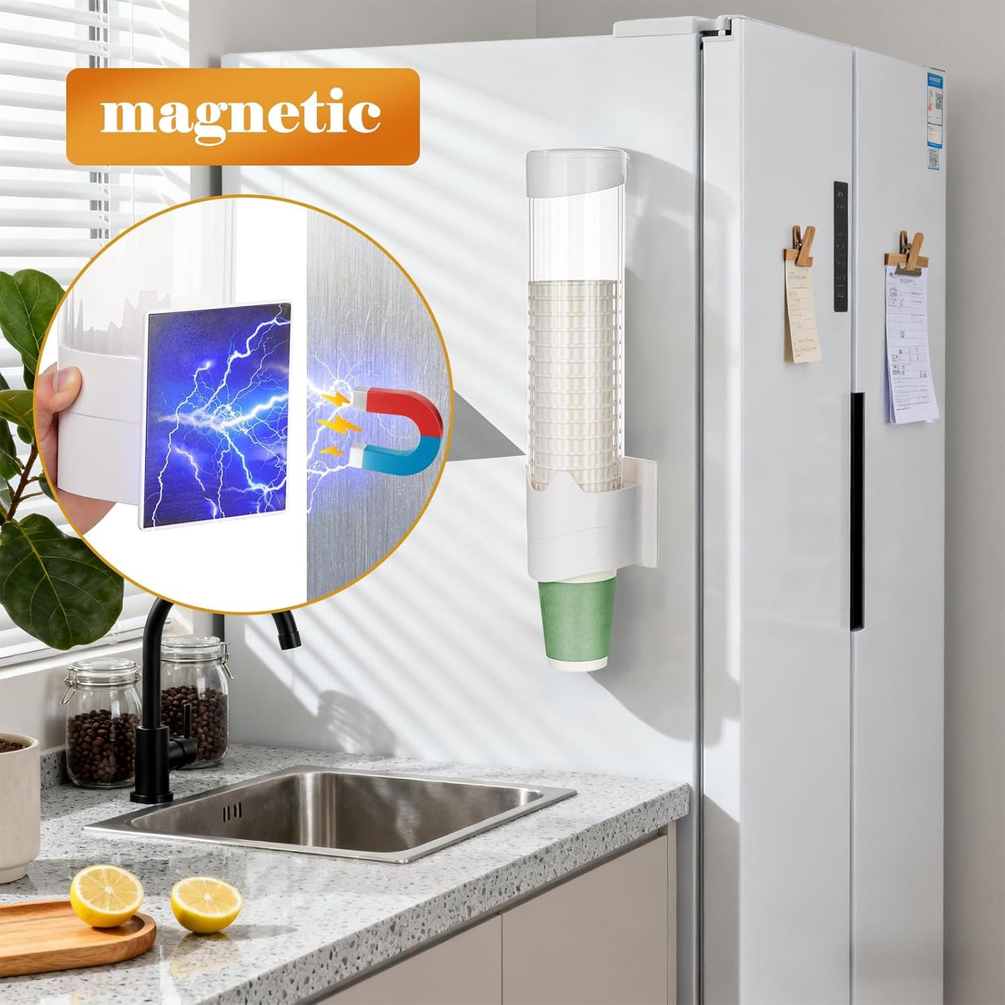 Upgraded Cup Dispenser, Wall Mount Pull Type Water Cooler Cup Holder for 9oz - 12oz Disposable Paper Plastic Cups for Home Office, with Magnetic Mounting Plate (Black)