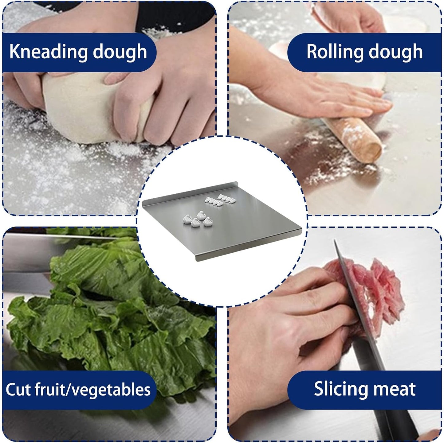 316 Stainless Steel Cutting Mat with Raised Lip and Non Slip Silicone Pad for Kitchen Countertop Chopping Meat Slicing Fruit Dicing Vegetable Easy Cleaning 300 * 400 * 1.5mm 316 stainless steel