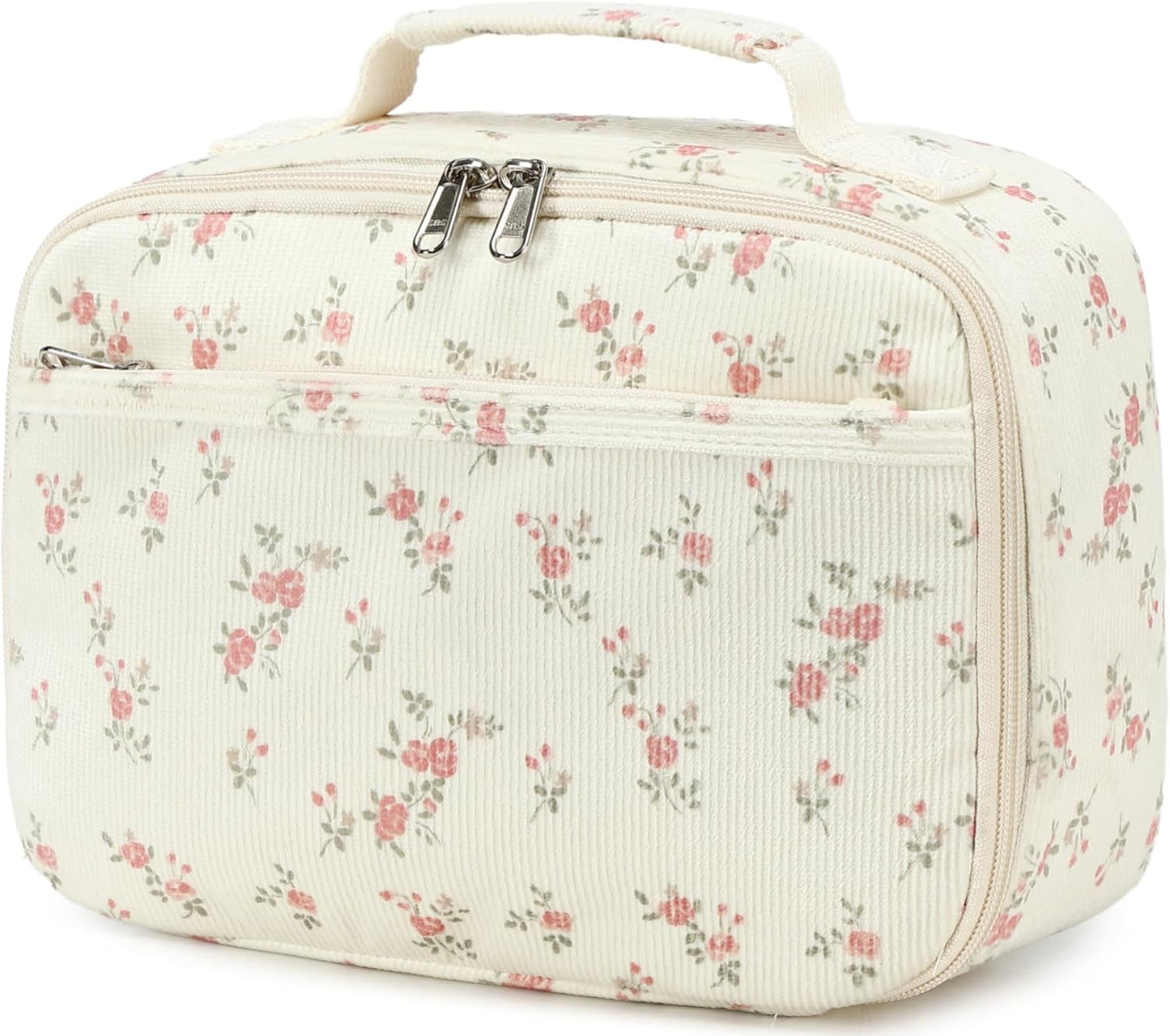 Bluboon Insulated Lunch Bag for Girls & Boys, Corduroy School Lunch Box with Cooler & Organizer Compartments, Leak-Proof Lunch Tote for School, Travel (Corduroy Strawberries Beige)