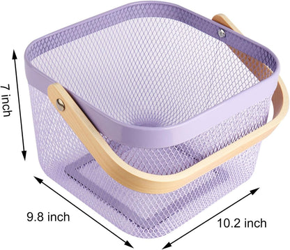 AJIODA Metal Mesh Wire Basket, Large Steel Basket with Wooden Handle Storage Organizer Basket Multi-functional Hanging Kitchen Baskets Fruit Baskets for Kitchen Bathroom Cabinet Pantry Snacks, Black