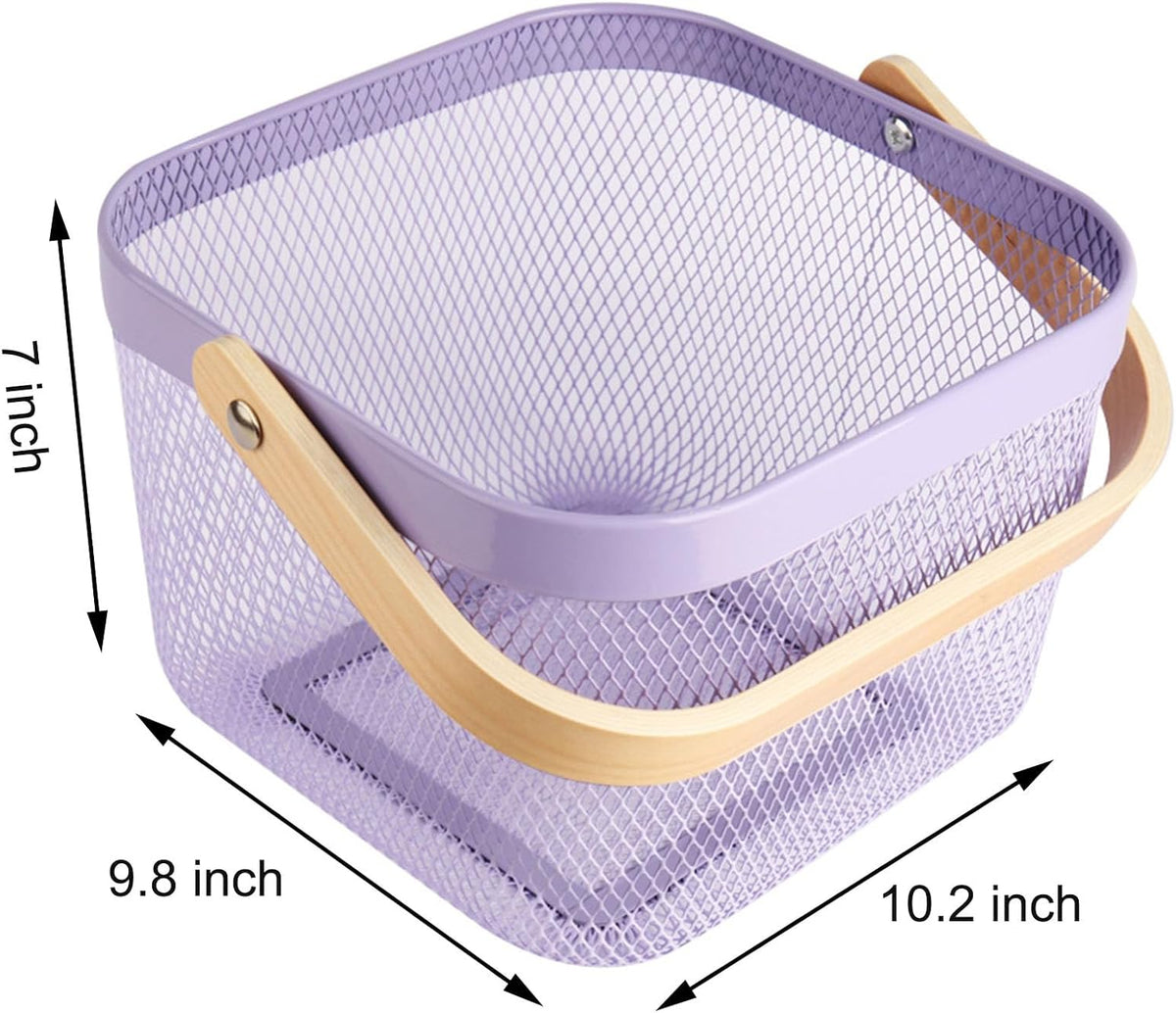 AJIODA Metal Mesh Wire Basket, Large Steel Basket with Wooden Handle Storage Organizer Basket Multi-functional Hanging Kitchen Baskets Fruit Baskets for Kitchen Bathroom Cabinet Pantry Snacks, Black