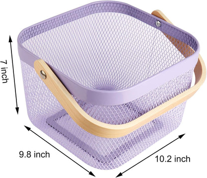 AJIODA Metal Mesh Wire Basket, Large Steel Basket with Wooden Handle Storage Organizer Basket Multi-functional Hanging Kitchen Baskets Fruit Baskets for Kitchen Bathroom Cabinet Pantry Snacks, Black