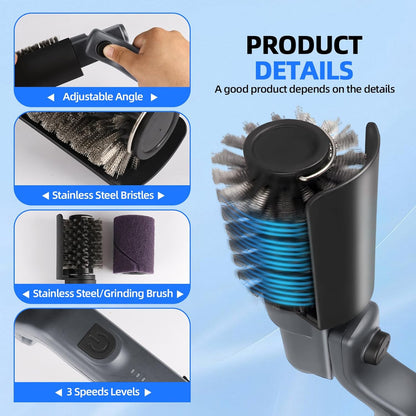 Cordless Electric Grill Brush with Adjustable Angle, 3-Speed Power Motor & Stainless Steel Head - Rechargeable, 90-Min Runtime, Waterproof Grill Cleaner for BBQ Grates & Griddles (Black)